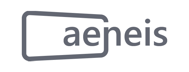 Ein graues Logo mit dem Schriftzug "aeneis" in moderner Schrift auf hellem Hintergrund.