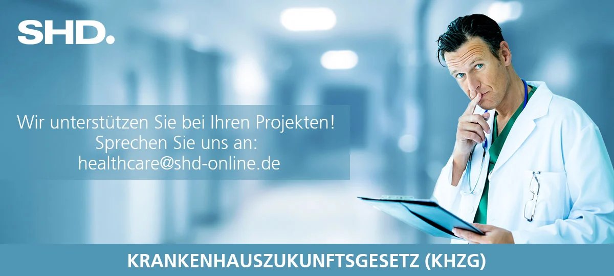 Ein Arzt schaut in die Kamera, Hinweis auf SHD Unterstützung für das Krankenhauszukunftsgesetz (KHZG)