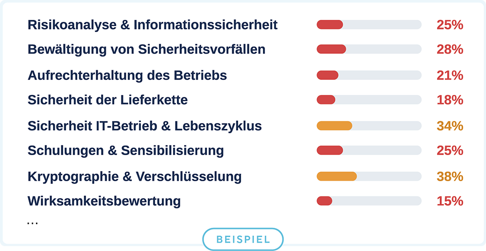 Auflistung der Anforderungen von NIS-2 mit einer prozentualen Angabe des Grads der Erfüllung