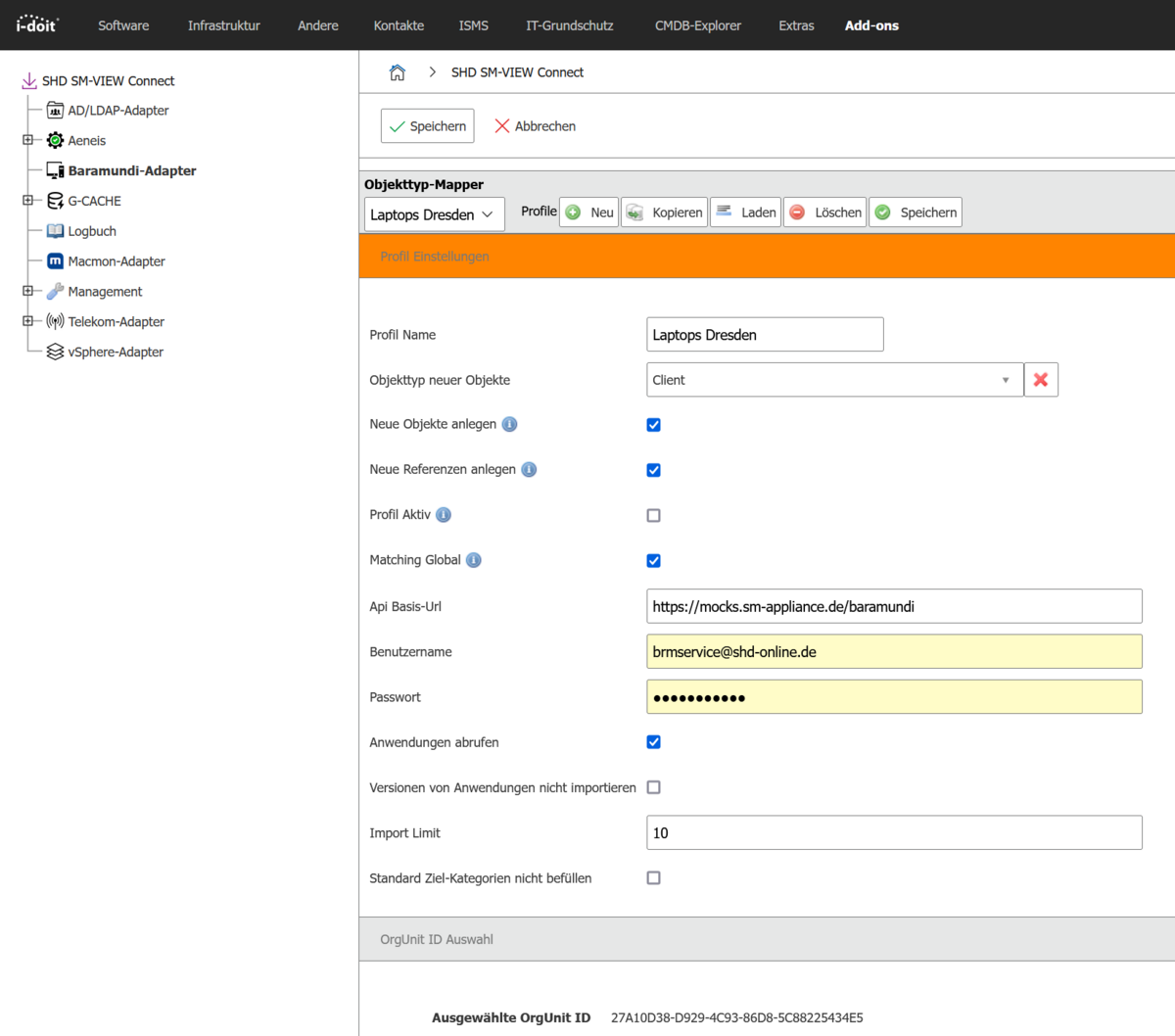Einstellungen des SHD SM-VIEW Connect für den Baramundi-Adapter zur Verwaltung von Laptops.