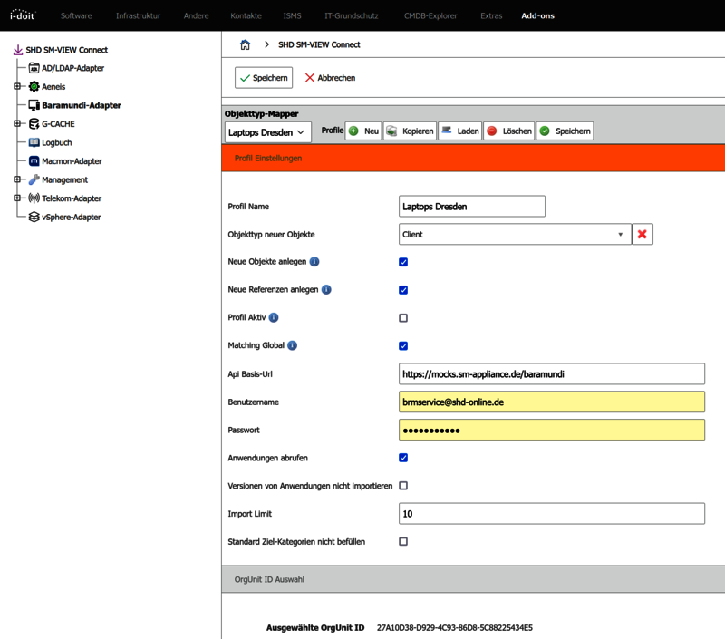 Einstellungen des SHD SM-VIEW Connect für den Baramundi-Adapter zur Verwaltung von Laptops.