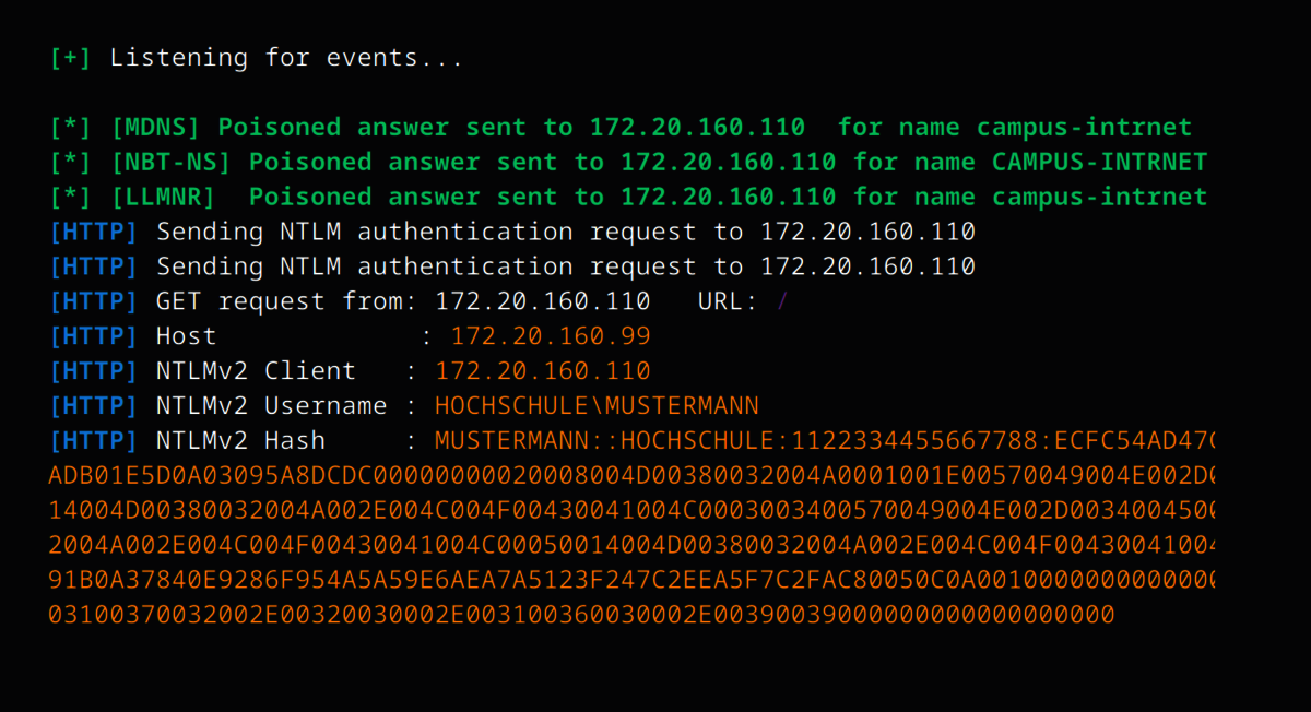 Ein Terminalbildschirm, der Netzwerk-Sicherheitsereignisse anzeigt. Manipulierte Antworten wurden im Netzwerk versendet.