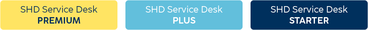 SHD Service Desk zeigt drei Paketoptionen: PREMIUM, PLUS, STARTER für IT-Dienstleistungen.