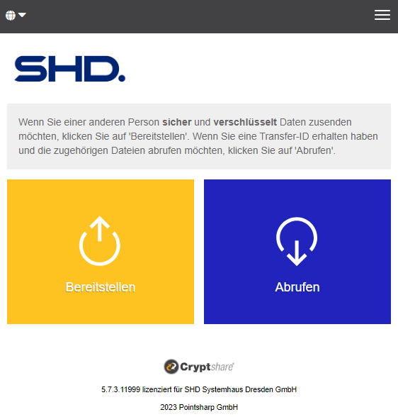 Eine Webseite mit Schaltflächen zum Bereitstellen und Abrufen von verschlüsselten Daten.