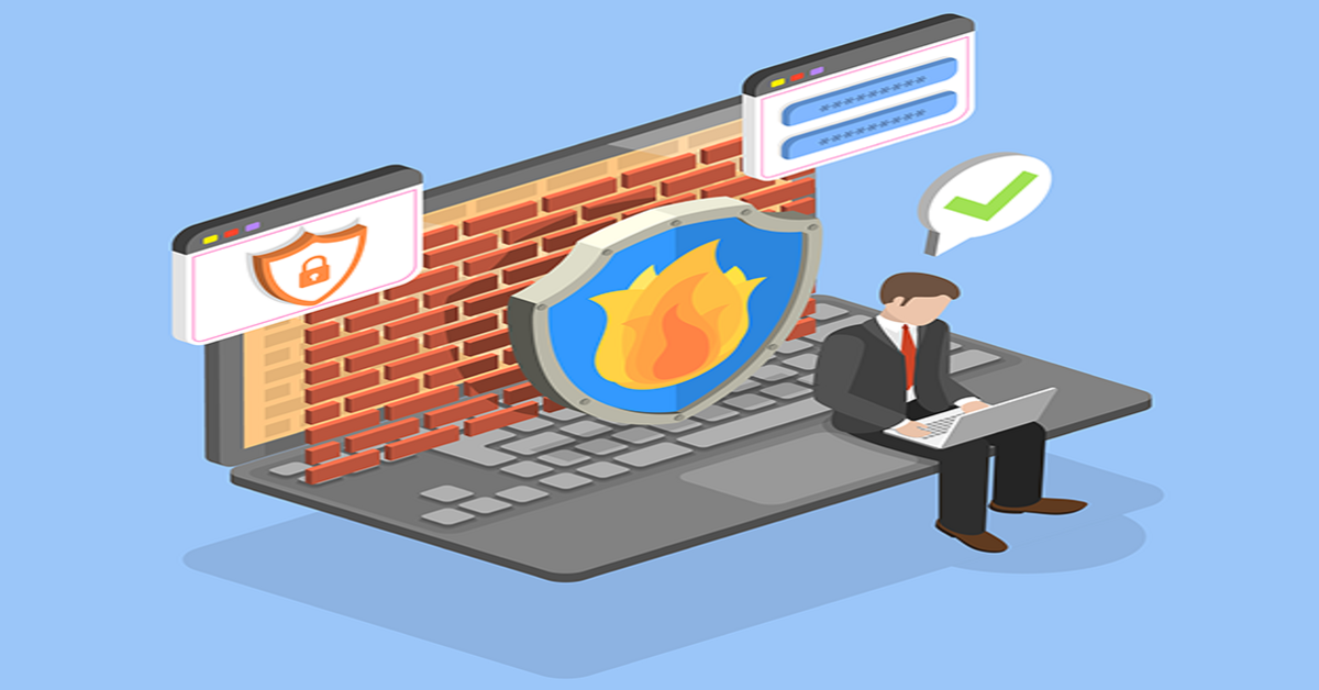Unternehmer sitzt auf Laptop mit gemauerter Firewall, Schildsymbol und Login-Fenster als Darstellung von Zugriffsschutz und IT-Absicherung.