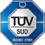Zertifizierungssiegel zeigt TÜV SÜD ISO/IEC 27001 für IT-Dienstleister SHD an, für Sicherheit.