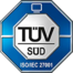 Zertifizierungssiegel zeigt TÜV SÜD ISO/IEC 27001 für IT-Dienstleister SHD an, für Sicherheit.