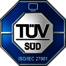 Zertifizierungssiegel zeigt TÜV SÜD ISO/IEC 27001 für IT-Dienstleister SHD an, für Sicherheit.