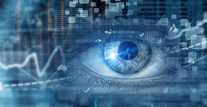 Ein menschliches Auge analysiert Datenvisualisierungen in einem digitalen, technologieorientierten Umfeld.