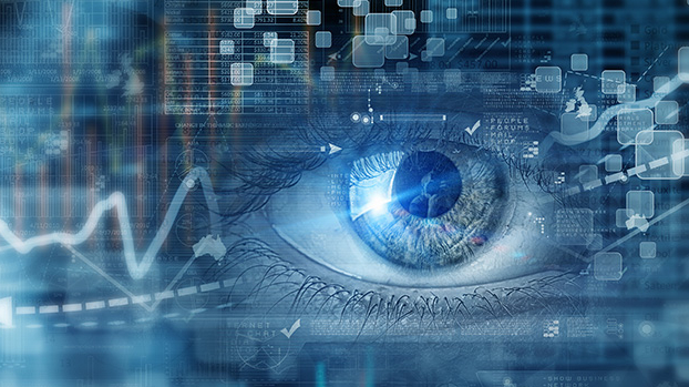 Ein menschliches Auge analysiert Datenvisualisierungen in einem digitalen, technologieorientierten Umfeld.