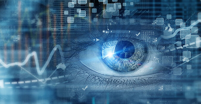 Ein menschliches Auge analysiert Datenvisualisierungen in einem digitalen, technologieorientierten Umfeld.