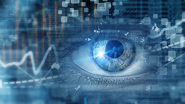 Ein menschliches Auge analysiert Datenvisualisierungen in einem digitalen, technologieorientierten Umfeld.