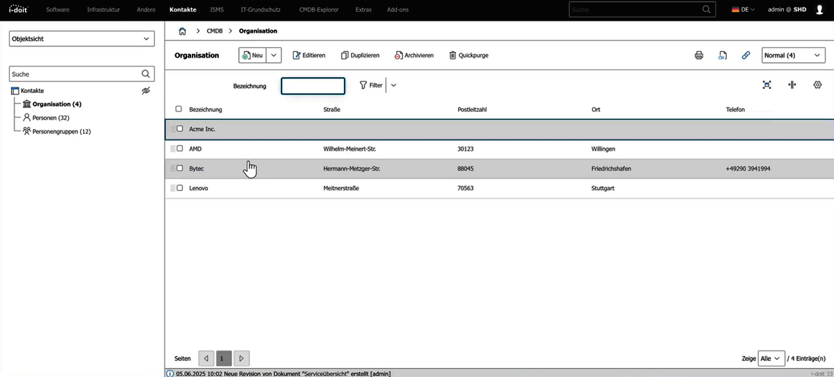 Screenshot aus dem Tool i-doit für IT-Dokumentation, der eine CMDB-Liste von Kontakten einer Organisation auflistet mit Name, Straße, Postleizahl, Ort und Telefon.