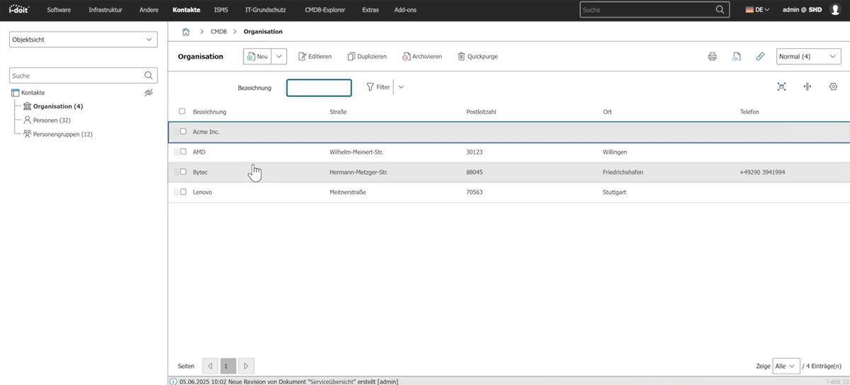Screenshot aus dem Tool i-doit für IT-Dokumentation, der eine CMDB-Liste von Kontakten einer Organisation auflistet mit Name, Straße, Postleizahl, Ort und Telefon.