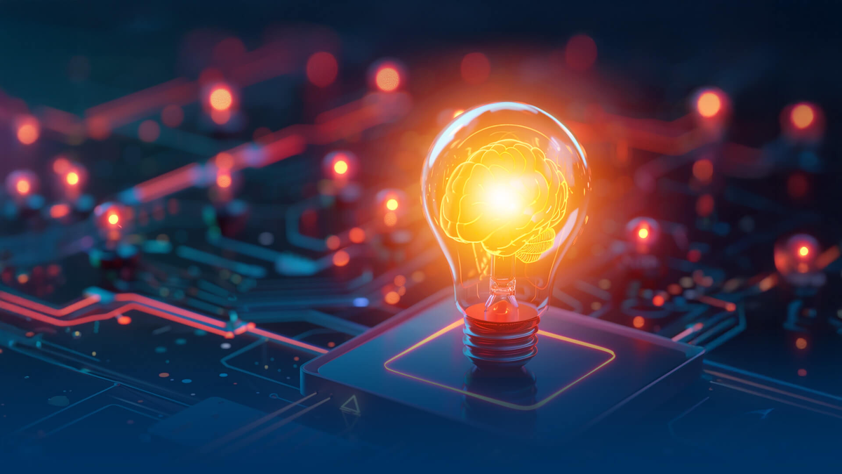 Eine Glühbirne mit einem leuchtenden Gehirn darin. Sie ist Teil eines technischen Netzwerks und symbolisiert künstliche Intelligenz.