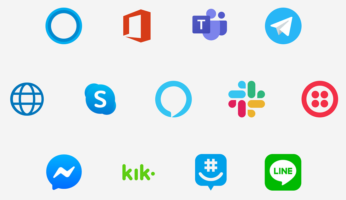 Verschiedene Kommunikations- und Kollaboration-Icons sind auf einem grauen Hintergrund angeordnet.