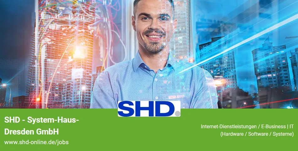 Glücklicher SHD Mitarbeiter, der von modernen Digitalisierungselementen umgeben ist