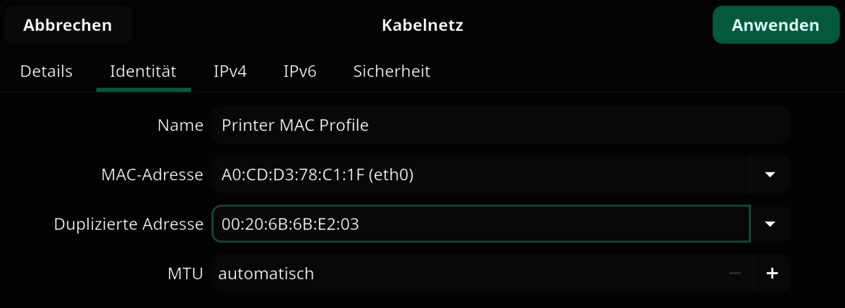Ein Netzwerk-Konfigurationsfenster mit Einstellungen zur Netzwerkkarte. Die MAC-Adresse der Schnittstelle wurde angepasst.