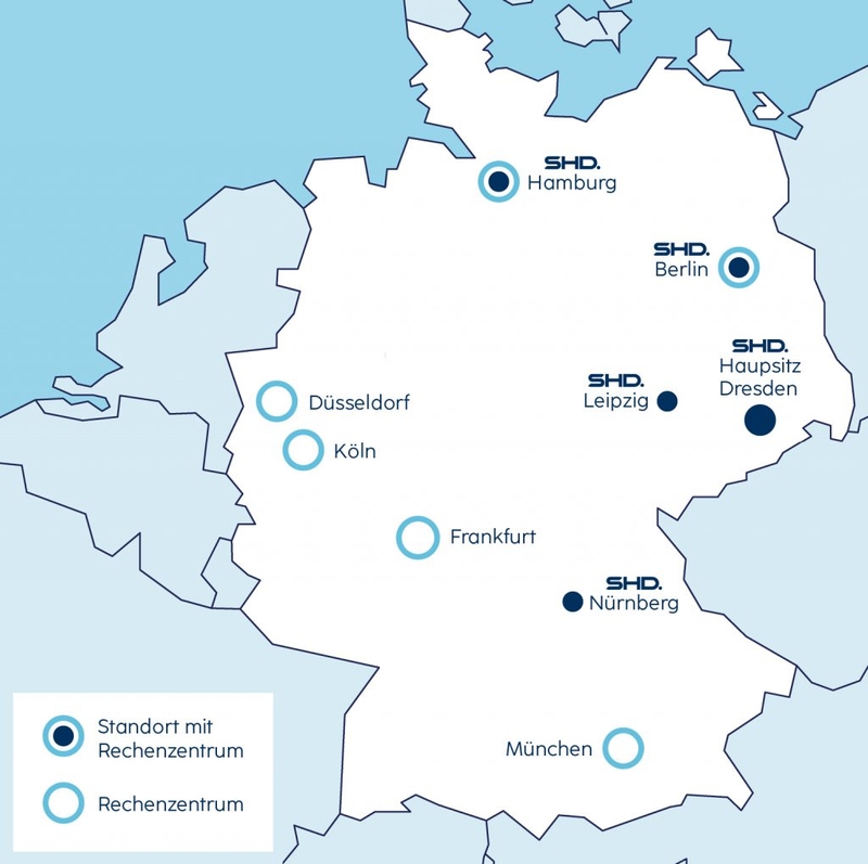 Karte von Deutschland, zeigt Standorte von Datenzentren und Hauptsitz von SHD.