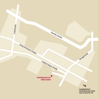 Anfahrtsskizze zur Event-Location Herrenhaus Möckern in Leipzig. Es liegt parallel zur Friedrich-Bosse-Straße und kreuzt die Slevogtstraße.