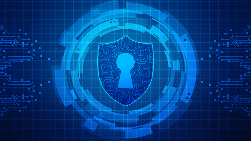 Digitale Darstellung von Cybersicherheit mit einem Schild und einem Schlüsselloch, umgeben von digitalen Elementen und Schaltkreismustern