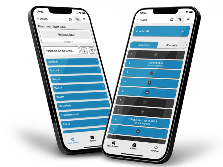 Zwei Smartphones mit Beispielbildern aus der App SHD View | Mobile: eine Objektliste und eine Rack-Ansicht.