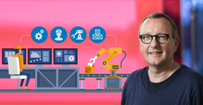 Ein älterer Herr mit Brille vor einem stilisierten Büro- und Produktionsumfeld