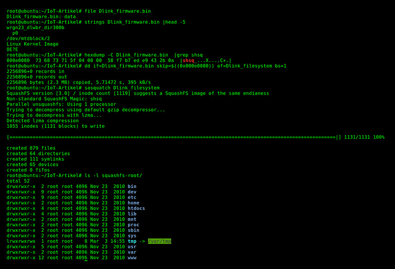 Terminal zeigt Befehle zur Analyse und Modifikation von DLink-Firmware im Linux-Umfeld an.