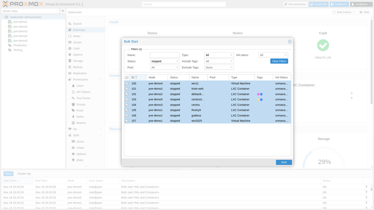 Über ein Fenster in Proxmox Virtual Environment 9.1.1 werden mehrere Nodes über Bulk-Aktionen markiert, um sie zu starten.