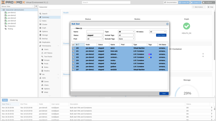 Über ein Fenster in Proxmox Virtual Environment 9.1.1 werden mehrere Nodes über Bulk-Aktionen markiert, um sie zu starten.