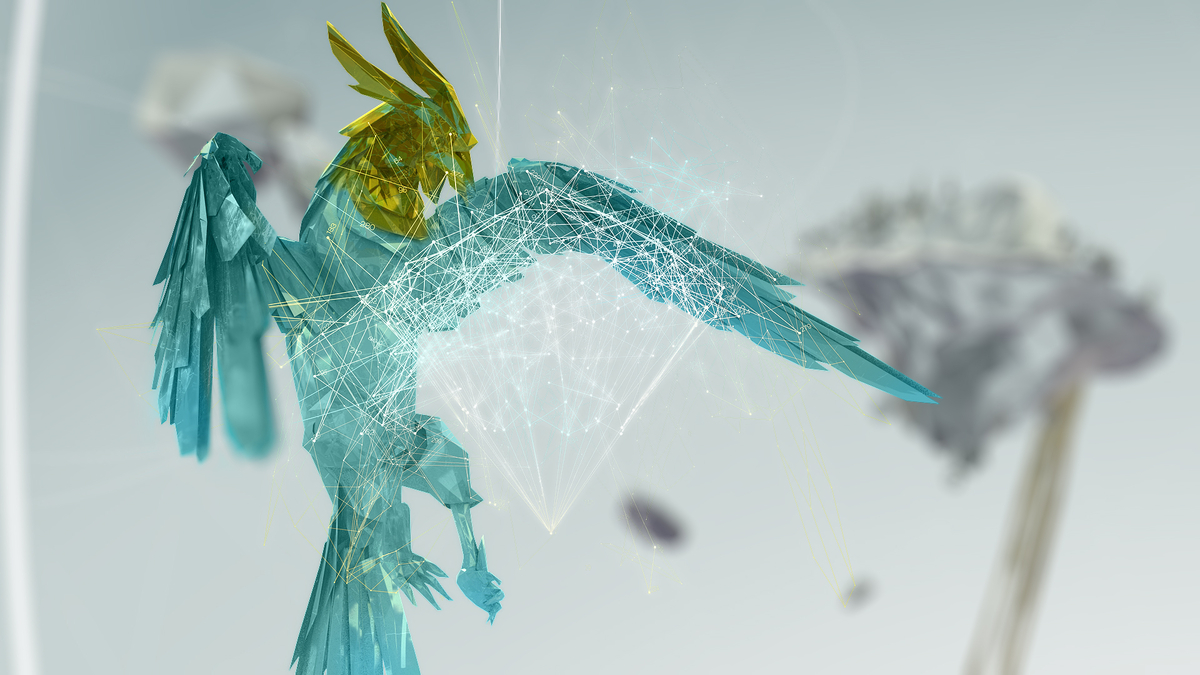 Ein greifbarer, geometrisch gestalteter Vogel breitet seine Flügel in einem futuristischen Raum aus.