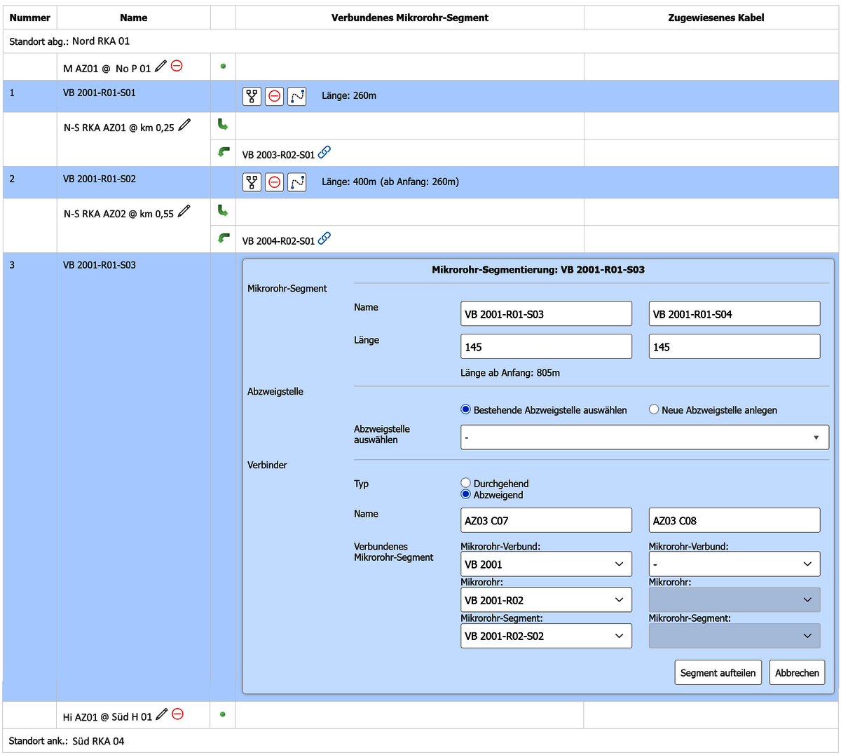 Textliche Darstellung von einem verbundenen Mikrorohr-Verbund im Tool SM-VIEW Cable für i-doit. Segmente, Abzweigstellen, Verbinder und mehr werden aufgelistet.
