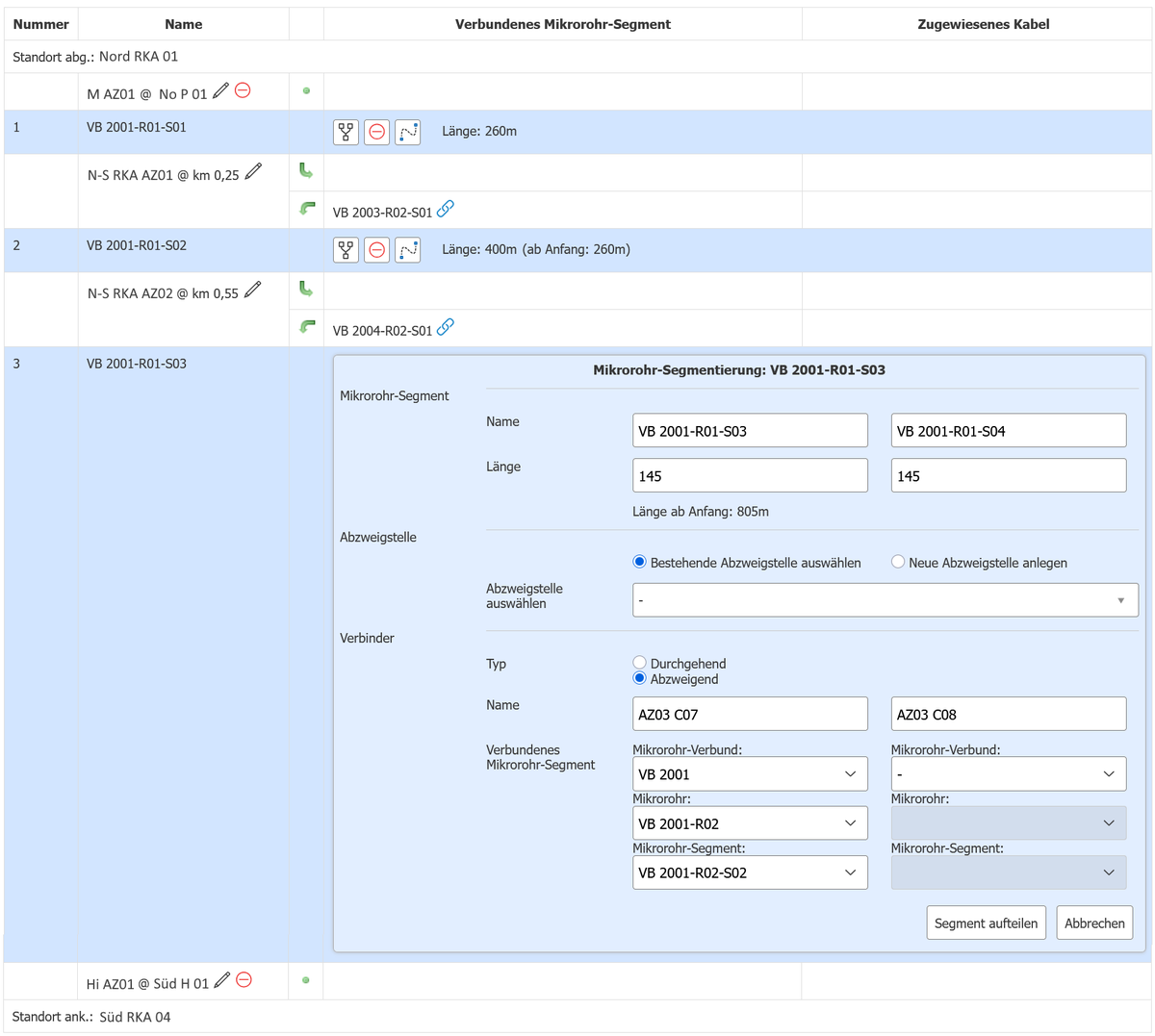 Textliche Darstellung von einem verbundenen Mikrorohr-Verbund im Tool SM-VIEW Cable für i-doit. Segmente, Abzweigstellen, Verbinder und mehr werden aufgelistet.
