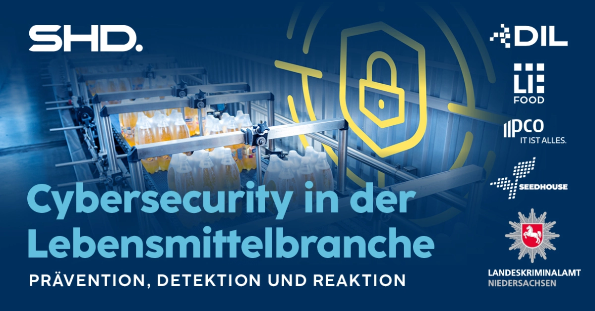 Fließband mit Flaschen symbolisiert IT-Security in der Lebensmittelbranche mit Logo vom Landeskriminalamt Niedersachsen und weiteren.