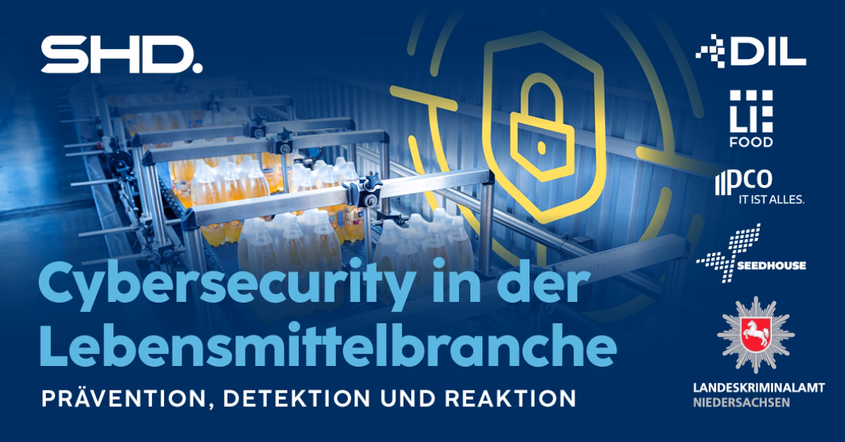 Fließband mit Flaschen symbolisiert IT-Security in der Lebensmittelbranche mit Logo vom Landeskriminalamt Niedersachsen und weiteren.