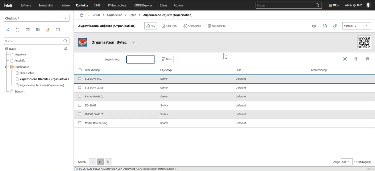 Screenshot aus dem Tool i-doit für IT-Dokumentation, der eine Liste von zugewiesenen Objekte wie Server, Switch und Router innerhalb der Organisation darstellt.