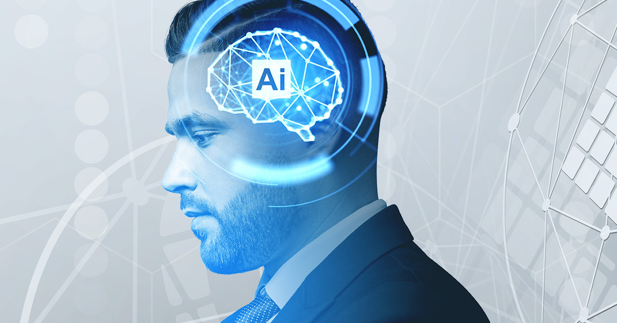 Profilansicht eines Manns im Anzug, sein Kopf wird von einem leuchtenden digitalen Gehirn mit dem Wort AI überdeckt.
