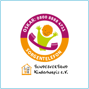 Sorgentelefon-Logo mit fröhlichem Kind, bietet Unterstützung für Familien, verbunden mit Kinderhospizdiensten.