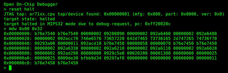Debugging interface displays MIPS32 commands and error messages in green text on a black screen.