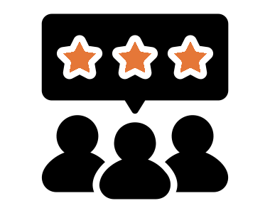 Drei stilisierte Personen geben Feedback mit drei orangefarbenen Sternen, repräsentierend Kundenbewertungen für SHD.
