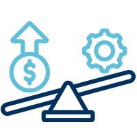 Grafik zeigt eine Wippe mit Geldsymbol und Zahnrad. SHD optimiert IT-Lösungen für Unternehmen.
