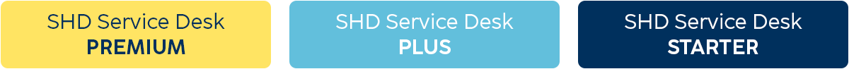 SHD Service Desk zeigt drei Paketoptionen: PREMIUM, PLUS, STARTER für IT-Dienstleistungen.