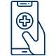 Icon von einer Hand mit Smartphone und einem Erste-Hilfe-Symbol, das schnelle Schutz-Maßnahmen symbolisiert.