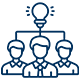 Icon von drei Experten, die über ein Netzwerk mit einer Glückbirne verbunden sind. Es stellt erfolgreiche Zusammenarbeit dar.