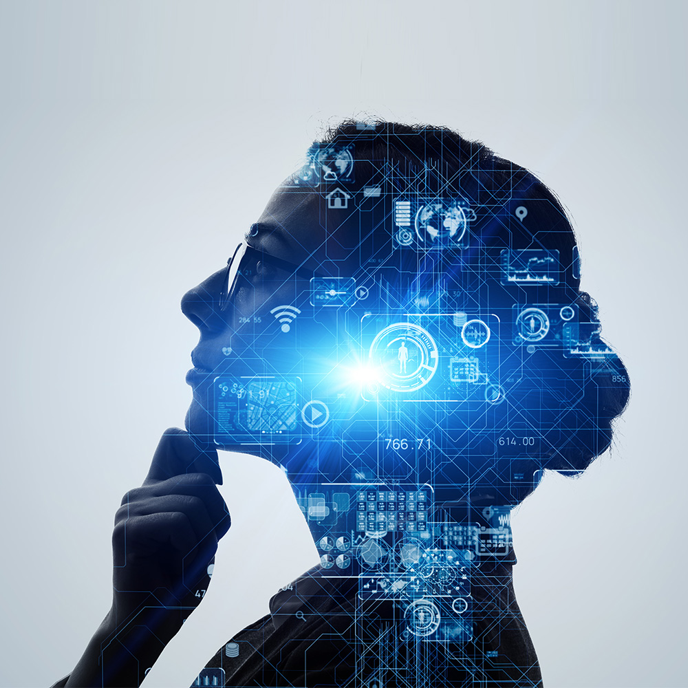 Profil einer Frau, die nachdenklich nach oben schaut; ihre Silhouette wird von grafischen Symbolen, Linien und Daten‑Icons überlagert.