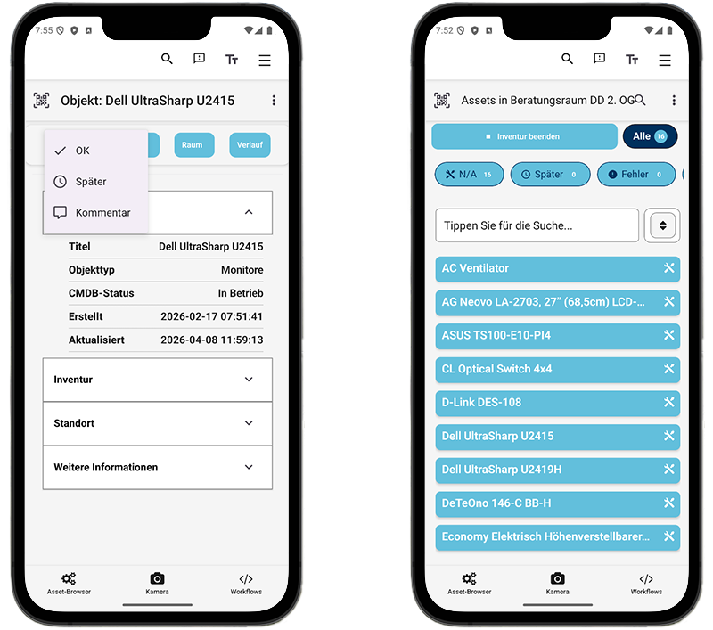 Zwei Smartphones zeigen den Prozess der Inventarisierung anhand der App SHD View | Mobile mit Objektdaten und Hardware-Liste.